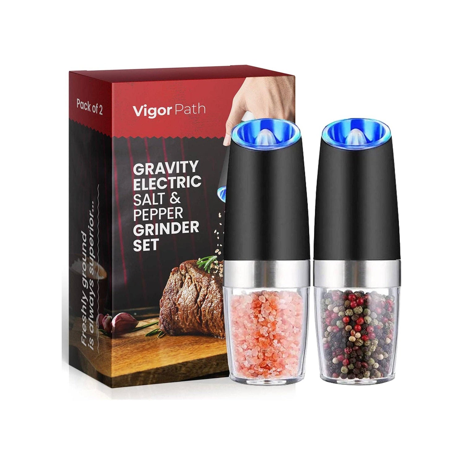 Black Salt & Pepper Grinder Set, Adjustable Coarseness, 2pcs
