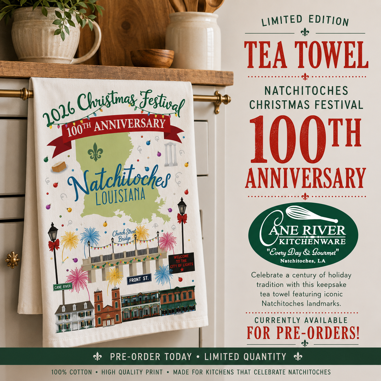 2026 Natchitoches Christmas Festival 100th Anniversary Tea Towel – Limited Edition